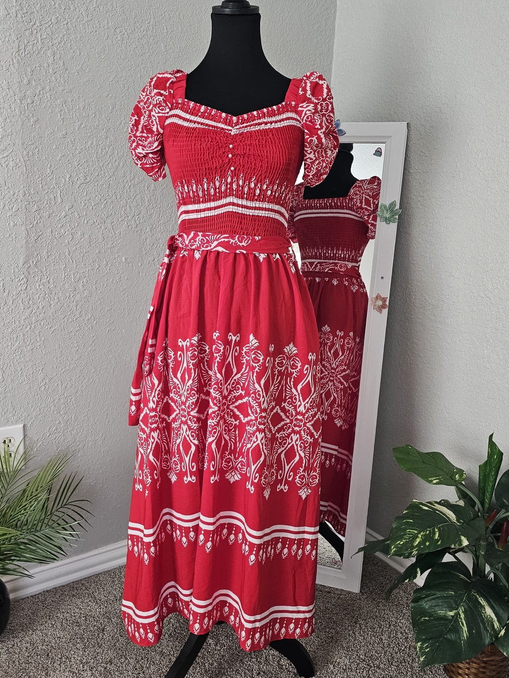 Red Smocked Puff-Sleeve Maxi Dress - , Boho Print